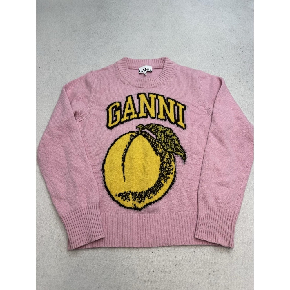 Ganni Sweater Womens Small Pink Wool Peach Graphic Crewneck Knit Pullover